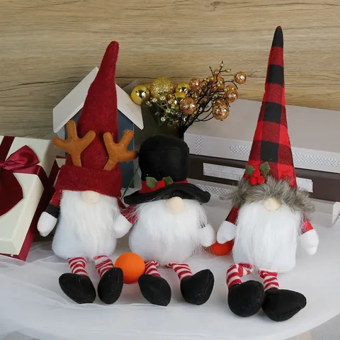 Gnome de Noël Nordique Poupée en Peluche Longues Jambes Père Noël Sans Visage Tomte Ornement Pour Décoration Fenêtre Maison Fête Bois de Cerf Chapeau Plaid