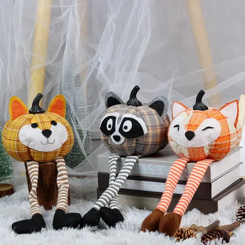 Bambola di Peluche a Forma di Zucca a Gambe Lunghe per Halloween Ringraziamento Volpe Procione Arredamento Autunnale