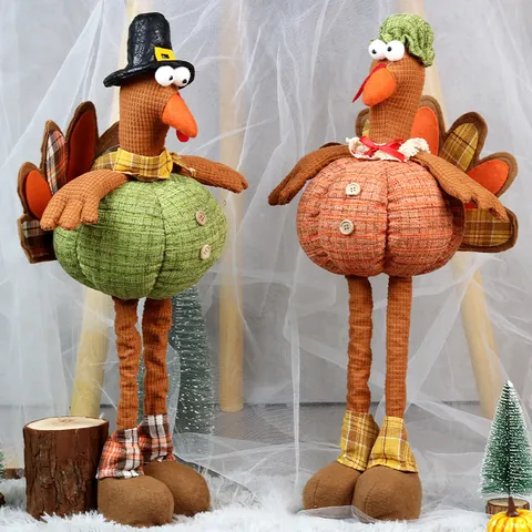 Thanksgiving Turkey Gnome Doll With Telescopic Legs Pumpkin Body Corduroy Plaid Fabric Autumn Harvest Home Table Decoration Ornament