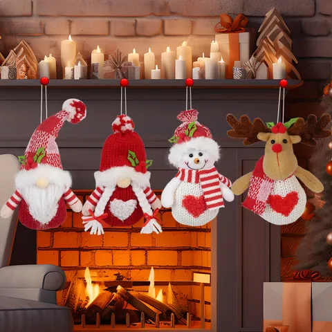 Christmas Knitted Plush Gnomes Snowman Elk Hanging Ornaments Red White Heart Pattern Xmas Tree Decorations Home Holiday Party Gift