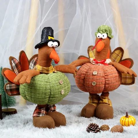 Thanksgiving Turkey Gnome Doll With Telescopic Legs Pumpkin Body Corduroy Plaid Fabric Autumn Harvest Home Table Decoration Ornament