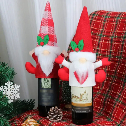 Copribottiglia di Vino Gnomo a Maglia di Natale Decorativo Motivo Scozzese Cuore Sacchetto per Bottiglia Riutilizzabile per Tavola Festa Casa