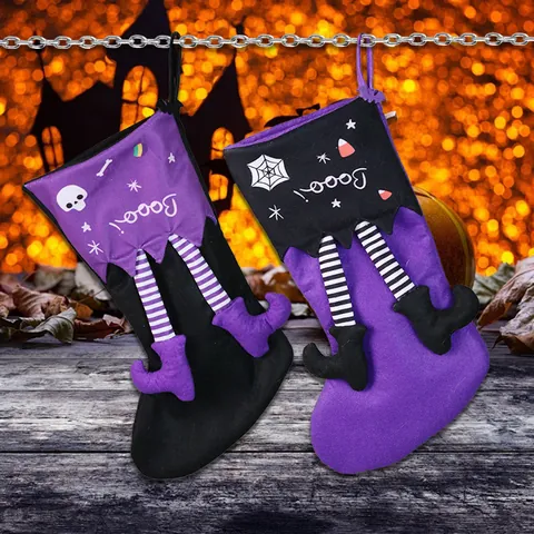 Halloween Heksenbeen Hangende Sokken Gestreept Polyester Decor Met Booo Schedel Spinnenweb Patroon Voor Thuis Feest Feestelijk Cadeau