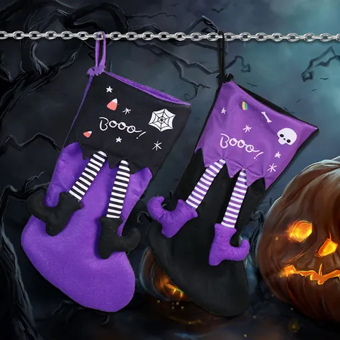 Halloween Heksenbeen Hangende Sokken Gestreept Polyester Decor Met Booo Schedel Spinnenweb Patroon Voor Thuis Feest Feestelijk Cadeau