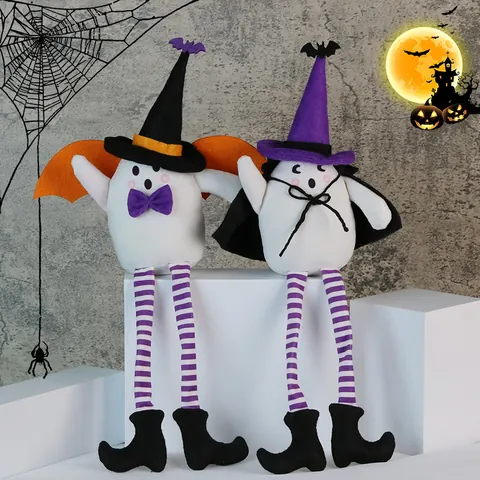 Halloween Ghost Plush Doll Long Striped Legs Polyester Ornament Cute Wizard Hat With Wings Cape Festive Home Party Decoration