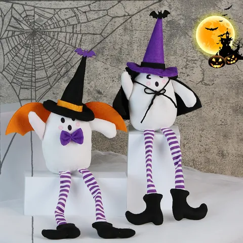Halloween Ghost Plush Doll Long Striped Legs Polyester Ornament Cute Wizard Hat With Wings Cape Festive Home Party Decoration