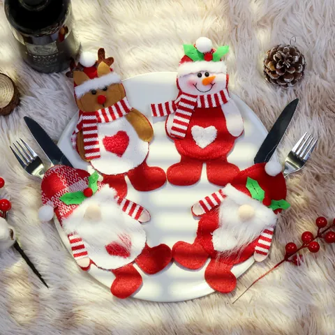 Christmas Cutlery Holder Gnome Snowman Reindeer Silverware Pouch Polyester Fabric Festive Table Decoration Dining Party Pouch