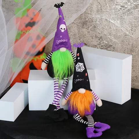 Halloween Gnome Doll Decoration Long Striped Legs Faceless Plush Rudolf Ornament Bat Spider Web Pointy Hat Home Party