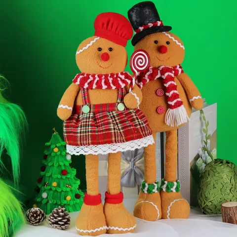 Christmas Gingerbread Man Telescopic Plush Doll Ornament Red Plaid Dress Striped Scarf For Holiday Home Window Decor