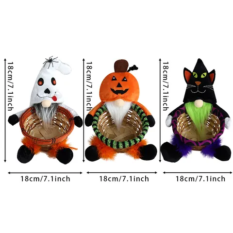Halloween Faceless Gnome Decoration With Bamboo Woven Basket Pumpkin Ghost Black Cat Gnome Tabletop Ornaments Home Window Festive Decor