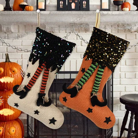 Halloween Pailletten Hexenbein Socken Hängende Dekoration Polyester Sternenmuster Socke Ornament Für Haus Party Atmosphäre