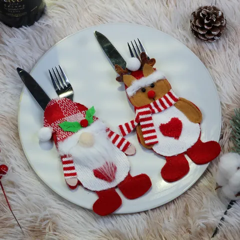 Christmas Cutlery Holder Gnome Snowman Reindeer Silverware Pouch Polyester Fabric Festive Table Decoration Dining Party Pouch