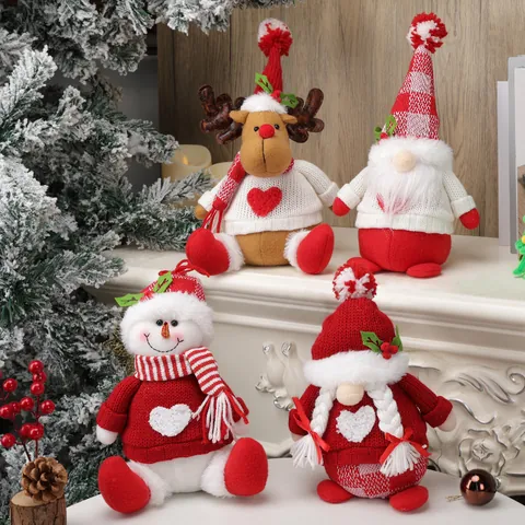 Bambola di Peluche Natalizia Gnomo Pupazzo di Neve Renna in Maglia Motivo a Cuore Decorazione da Tavolo Regalo Festivo