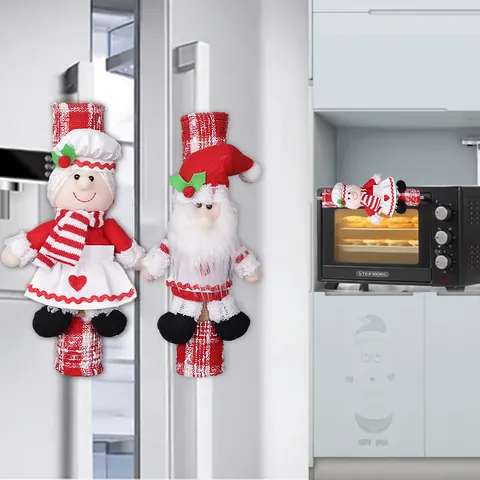Christmas Refrigerator Handle Covers Polyester Plaid Santa Claus Chef Character Microwave Oven Decorative Protector Set