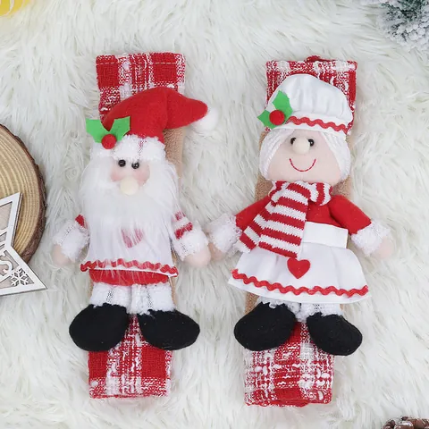 Christmas Refrigerator Handle Covers Polyester Plaid Santa Claus Chef Character Microwave Oven Decorative Protector Set