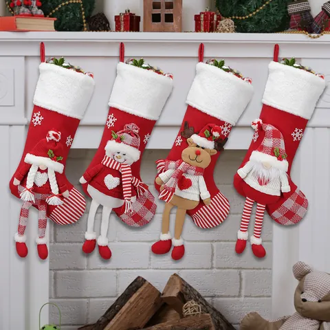 Large Christmas Stockings With Dimensional Gnome Reindeer Snowman Characters Holiday Party Fireplace Hanging Gift Bags
