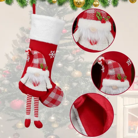 Large Christmas Stockings With Dimensional Gnome Reindeer Snowman Characters Holiday Party Fireplace Hanging Gift Bags