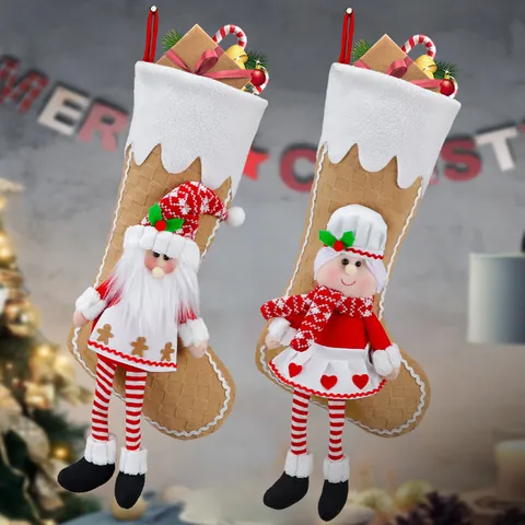 3D Doll Christmas Stocking Long Legged Chef Santa Pattern Polyester Faux Fur Fireplace Hanging Ornament Xmas Gift Bag Home Decor