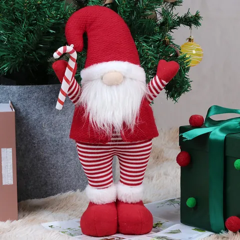 Gnomo di Natale Retrattile Peluche Bambola Senza Volto Babbo Natale Ornamento Strisce Rosse Bianche Xmas Festa Decorazione
