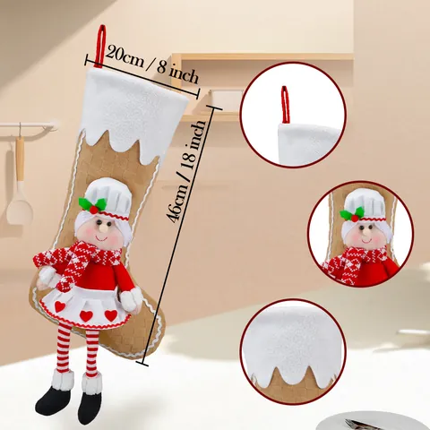3D Doll Christmas Stocking Long Legged Chef Santa Pattern Polyester Faux Fur Fireplace Hanging Ornament Xmas Gift Bag Home Decor
