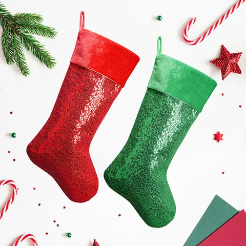 Glittering Sequin Christmas Stocking Large Velvet Xmas Gift Bag For Fireplace Christmas Tree Decor Hanging Holiday Ornaments Home Party