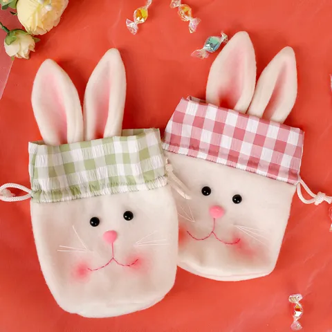 Easter Bunny Candy Bags Plush Rabbit Ears Drawstring Pouch Gingham Trim For Party Favors Birthday Treats Gift Wrap