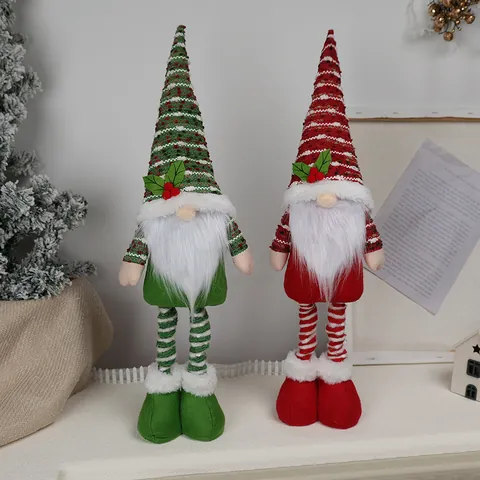 Nordic Christmas Gnome Plush Doll With Telescopic Legs Faceless Elf Figurine Striped Hat Holly Berry For Holiday Home Decor