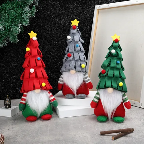 Christmas Tree Hat Gnome Plush Doll Sitting Santa Claus Dwarf Figurine Star Pompom Holiday Home Table Decor Xmas Gift