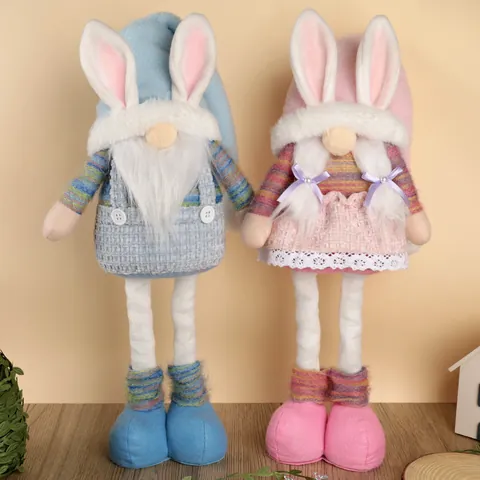 Easter Bunny Gnome Plush Doll With Retractable Legs Handmade Polyester Knitted Ornament For Home Table Party Decoration