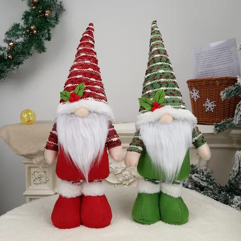 Nordic Christmas Gnome Plush Doll With Telescopic Legs Faceless Elf Figurine Striped Hat Holly Berry For Holiday Home Decor