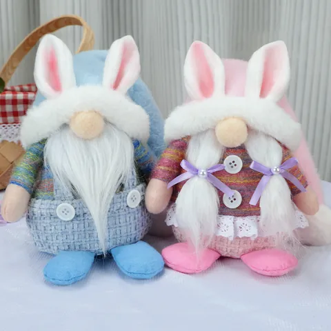 Muñeca de Peluche Gnomo Sin Rostro de Pascua Con Orejas de Conejo y Rayas Gnomos Rosa Azul Encaje Decoración de Hogar