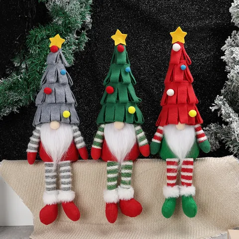 Christmas Tree Gnome Plush Doll Decoration With Long Striped Legs And Star Topper For Home Party Festive Holiday Ornament
