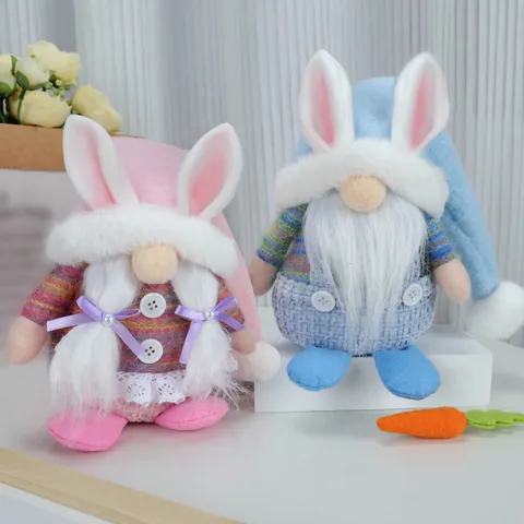 Muñeca de Peluche Gnomo Sin Rostro de Pascua Con Orejas de Conejo y Rayas Gnomos Rosa Azul Encaje Decoración de Hogar