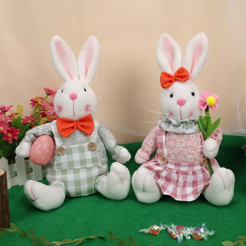 Coniglietto di Pasqua in Peluche Ornamento Con Uovo Fiore Vestito Scozzese Giocattolo Farcito per Casa Festa Decorazione Festiva