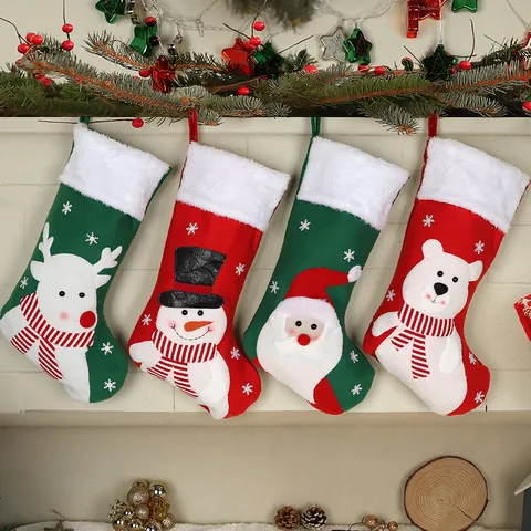 Christmas Stocking Large Santa Snowman Reindeer Bear Character Plush Faux Fur Trim Hanging Ornament Home Party Decor Gift Bag