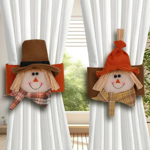 Polyester Felt Scarecrow Curtain Tiebacks Autumn Harvest Plaid Scarecrow Buckles For Thanksgiving Home Window Decoration