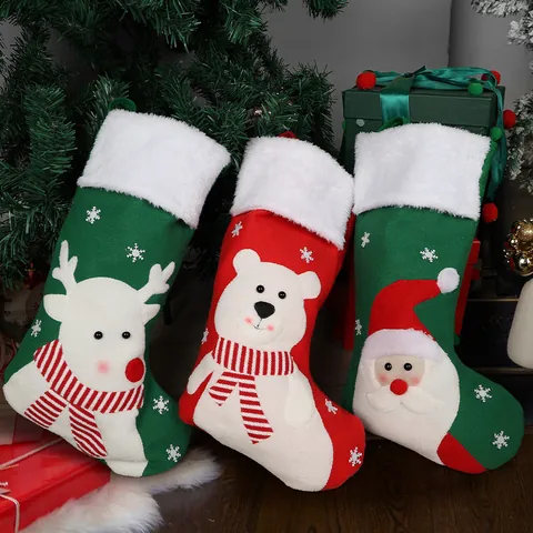 Christmas Stocking Large Santa Snowman Reindeer Bear Character Plush Faux Fur Trim Hanging Ornament Home Party Decor Gift Bag