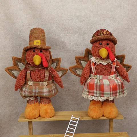 Thanksgiving Harvest Turkey Doll With Telescopic Legs Autumn Fall Home Decor Tabletop Plush Turkey Plaid Design Ornament