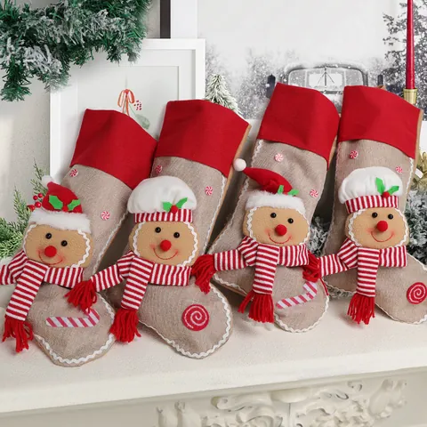 Calza di Natale Omino di Pan di Zenzero Con Ricamo 3D Effetto Lino Sacco Regalo Appeso Per Camino Albero Decorazioni Casa