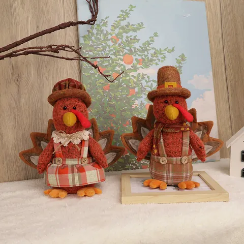 Thanksgiving Turkey Gnome Plush Doll Decoration Fall Harvest Plaid Turkey Figurine For Home Holiday Party Desktop Ornament