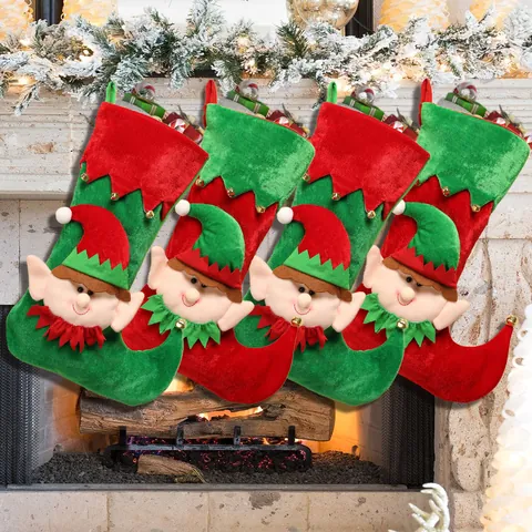 Christmas Elf Stocking Gift Bag Red Green Polyester Velvet Elf Feet Stockings With Jingle Bells For Fireplace Decor
