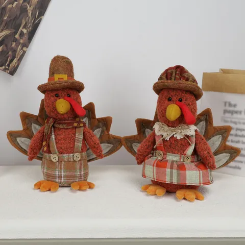 Thanksgiving Turkey Gnome Plush Doll Decoration Fall Harvest Plaid Turkey Figurine For Home Holiday Party Desktop Ornament