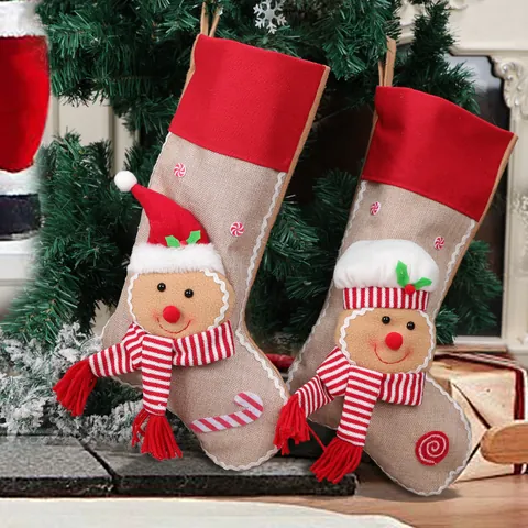 Calza di Natale Omino di Pan di Zenzero Con Ricamo 3D Effetto Lino Sacco Regalo Appeso Per Camino Albero Decorazioni Casa