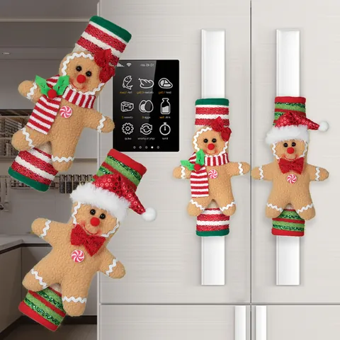 Kerstmis Peperkoekmannetje Koelkast Handvat Covers Set Polyester Pluche Pailletten Keukenapparaat Beschermer Decor