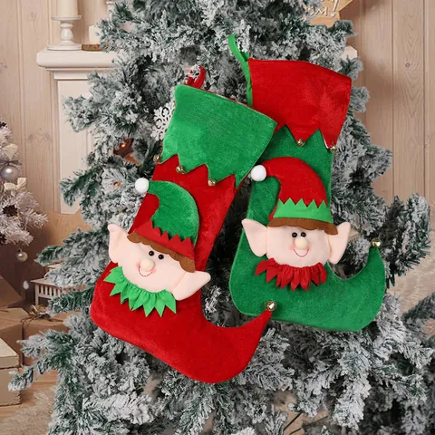 Christmas Elf Stocking Gift Bag Red Green Polyester Velvet Elf Feet Stockings With Jingle Bells For Fireplace Decor