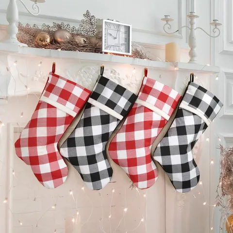 Buffalo Plaid Christmas Stockings Polyester Checkered Large Xmas Hanging Stocking Gift Bag For Fireplace Tree Holiday Decoration