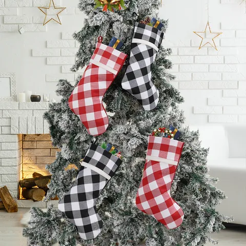 Buffalo Plaid Christmas Stockings Polyester Checkered Large Xmas Hanging Stocking Gift Bag For Fireplace Tree Holiday Decoration