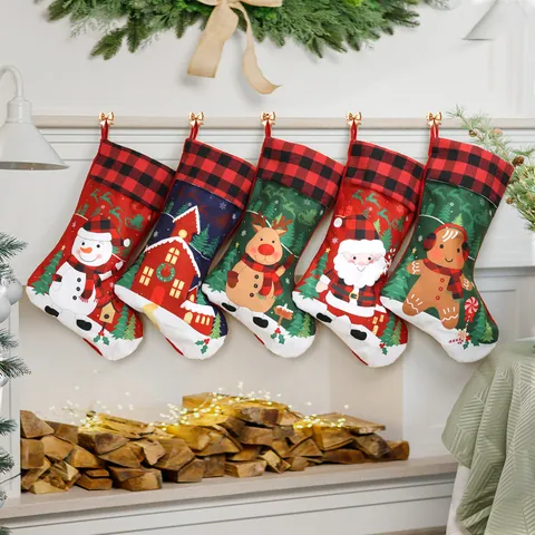Large Christmas Stockings Buffalo Plaid Cuff Santa Snowman Reindeer Gingerbread Man House Pattern Hanging Gift Bag Xmas Decor