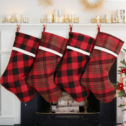 Classic Plaid Christmas Stocking Large Buffalo Check Tartan Xmas Gift Bag For Fireplace Christmas Tree Home Party Decor