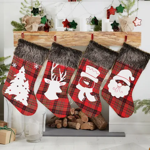 Calcetines de Navidad Grandes a Cuadros Con Borde de Piel Sintética Papá Noel Muñeco de Nieve Reno Árbol Decoración
